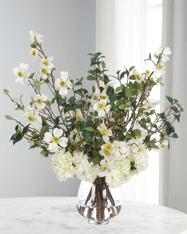 Dogwood & Hydrangeas 33" Faux Floral Arrangement in a Glass Vase